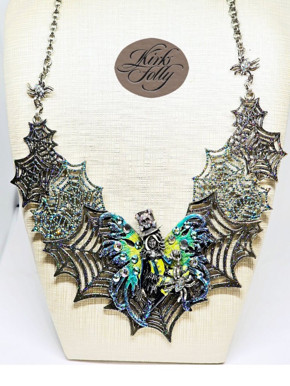 𝑲𝒊𝒓𝒌𝒔 𝑭𝒐𝒍𝒍𝒚 AVALON STEAMPUNK SPIDERELLA WEB LARGE NECKLACE HALLOWEEN